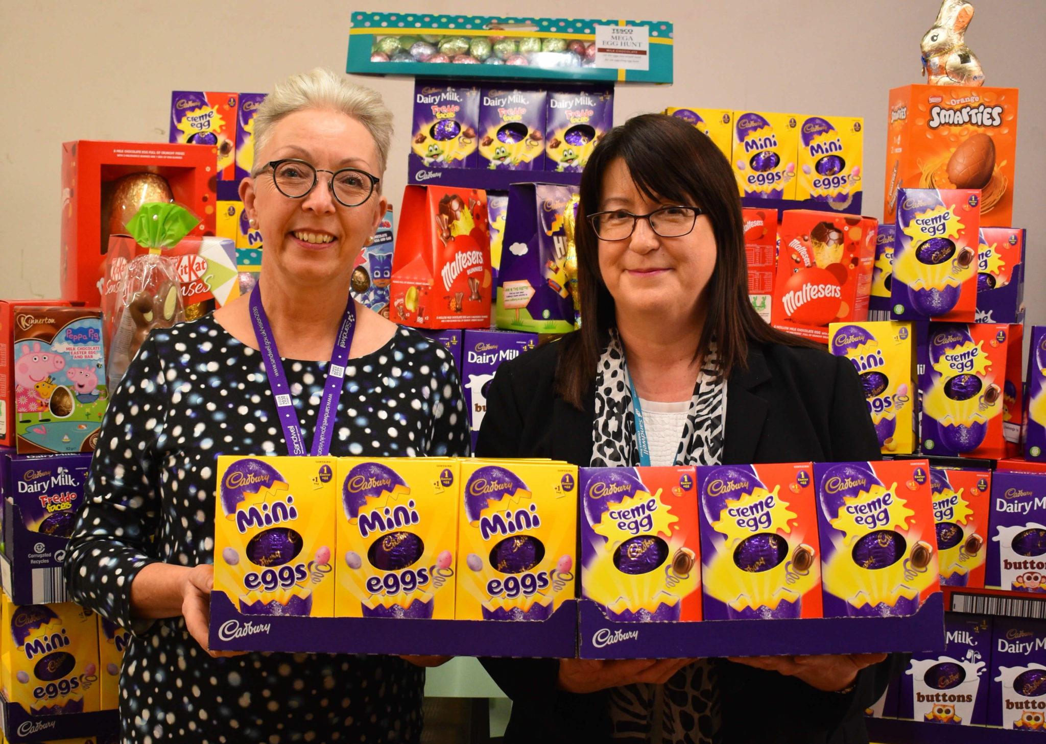 Lesley Hagger, Sandwell's Director of Children’s Services, with Frances Craven, Chief Executive of Sandwell Children's Trust holding donated Easter eggs