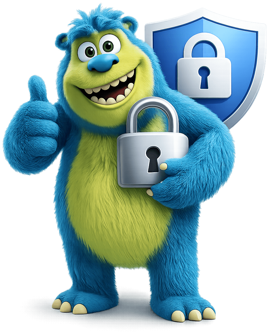 A furry creature holding a padlock with a shield in the background