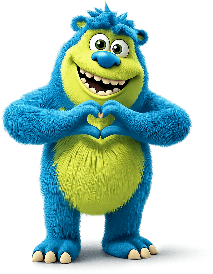 A furry character smiling with hands forming the shape of a heart