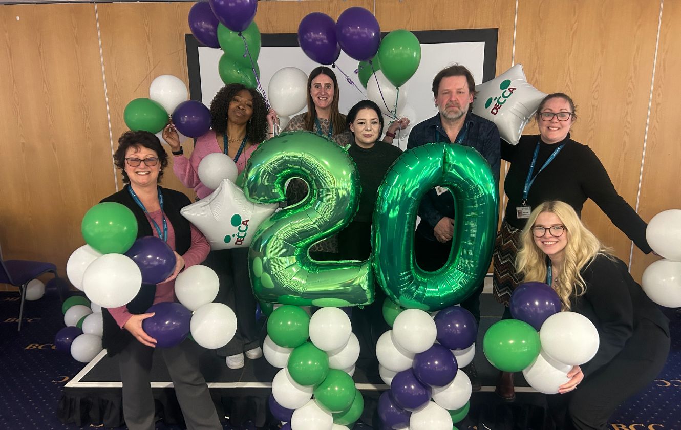 The team holding celebration balloons with the number 20